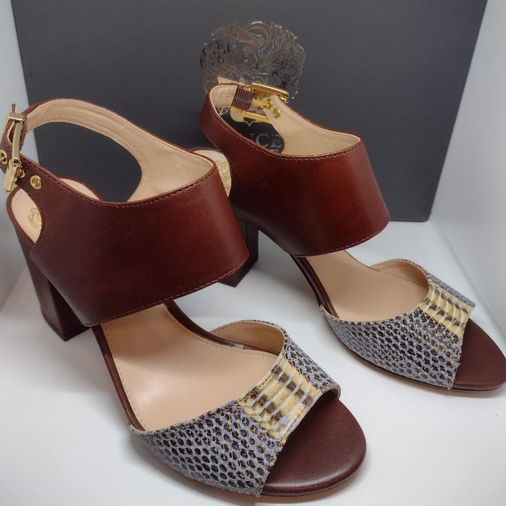 Vince Camuto Banna Leather Heel Sandals With Faux Snakeskin Size 6.5